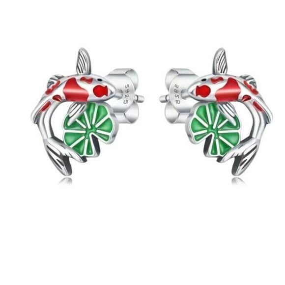 925 Jewelry - 925 Sterling Silver Enamel Lucky Fish Lotus Earrings